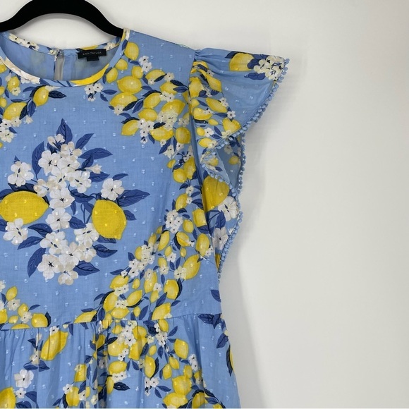 Ann Taylor Tall Ruffle Sleeve Lemon Dotted Swiss Blue Midi Dress Summer 22 Sz M - Picture 5 of 14